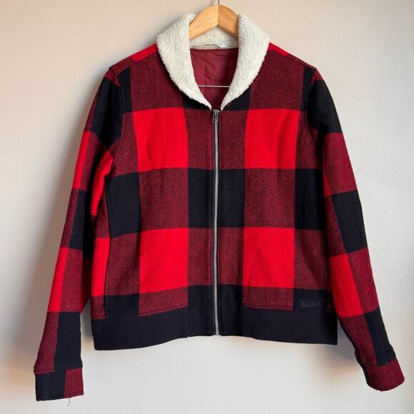 WOOLRICH Red Plaid Bomber Jacket Full Zipper Qulited Sherpa Large Women Wool - Picture 2 of 14